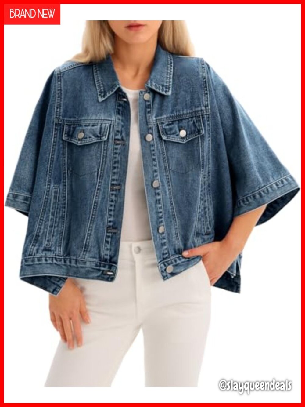 Oversized Cropped Denim Cape Jacket Button Down Chest Pockets